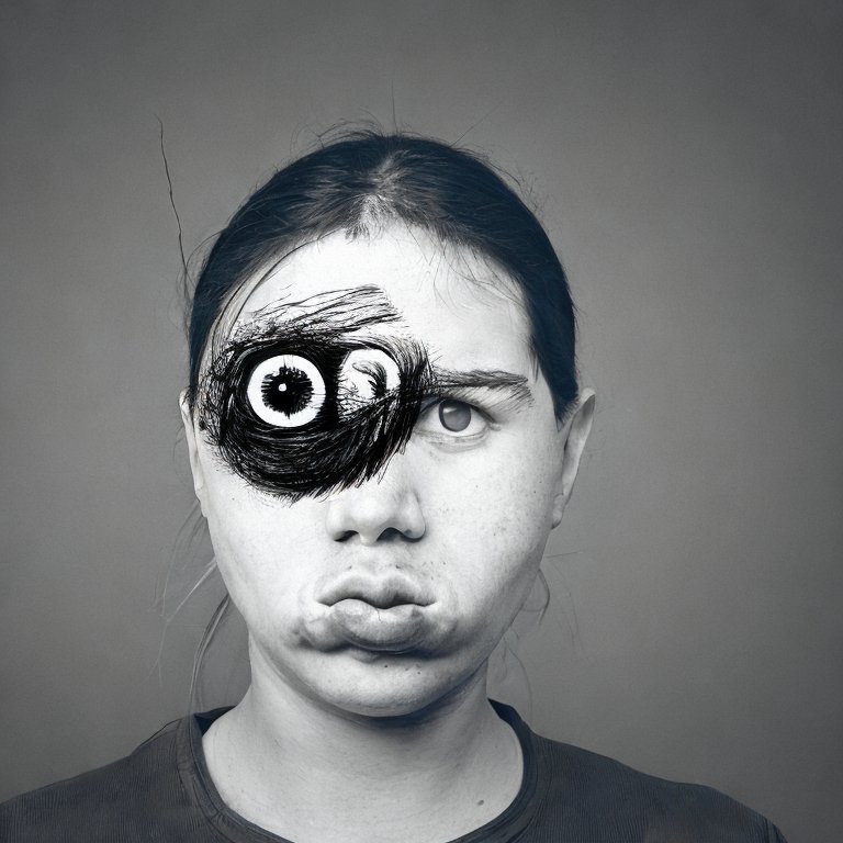 Image en noir et blanc réalisée avec Stable diffusion. C'est une femme avec un oeil bizarre.