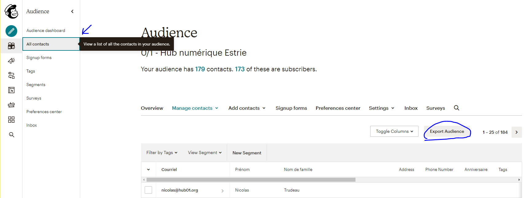 Onglet audience des la section 'tous les contacts'