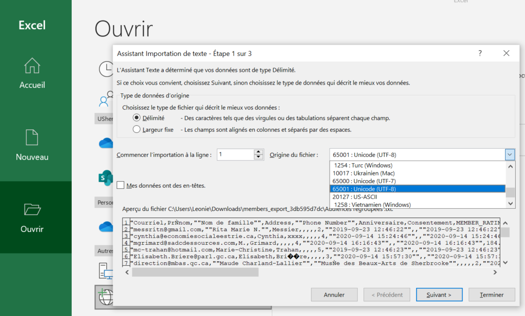 Assistant d'importation de texte - étape 1 sur 3, sélectionner Origine du fichier 65001 : Unicode (UTF-8)