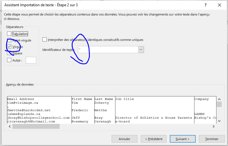 fenêtre de l'Assistant Importation de texte - Étape 2 sur 3