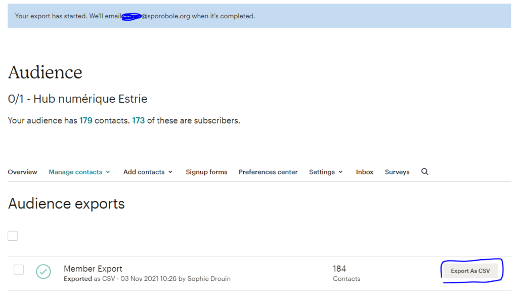 Page exports des audiences et bouton CSV