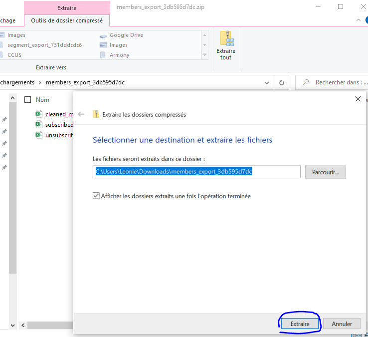 Sélection de destination pour l'extraction des dossiers compressés.