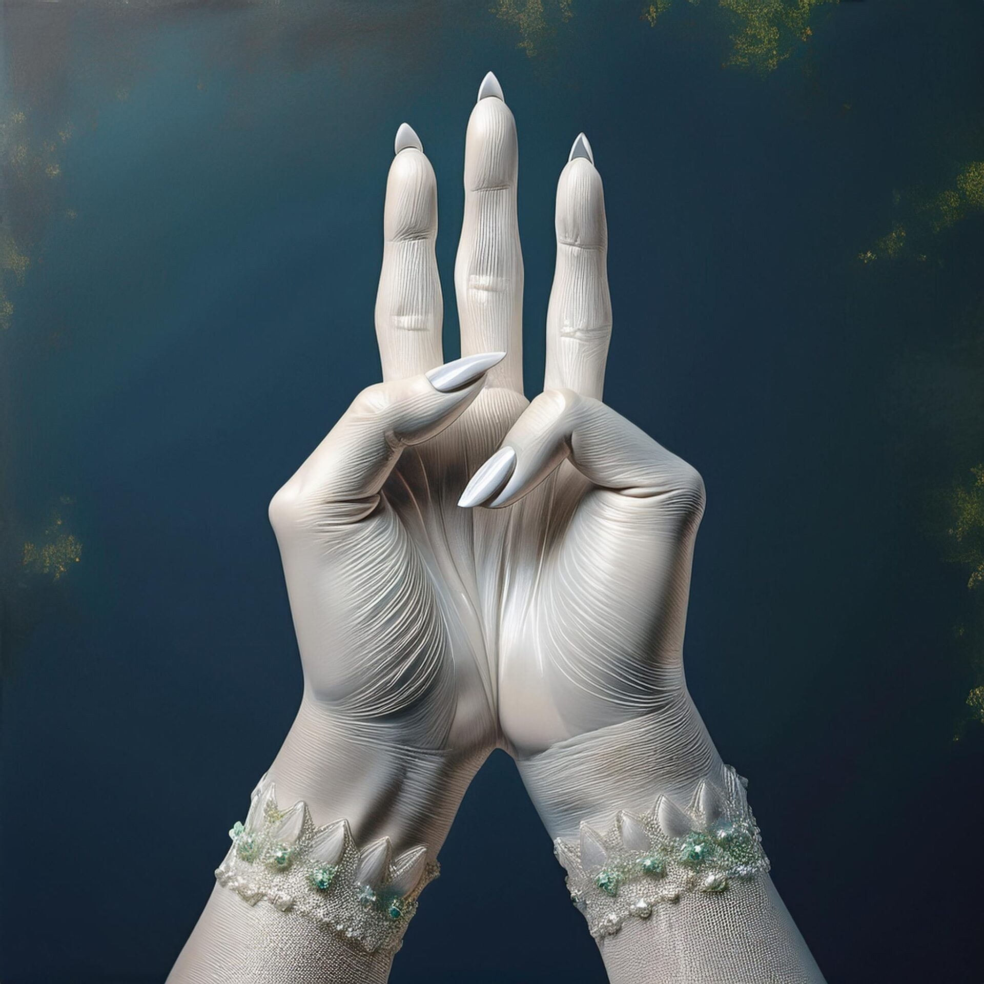 Image de deux mains blanches fusionnées recouvertes d'une fine pellicule plissée générée par IA avec Adobe Firefly. Les deux mains sont déformées et et montre trois doigts élevés et deux pouces recourbés. Projet de Chun Hua Catherine Dong pour le Chantier IA de Sporobole réalisé au studio de 0/1 - Hub numérique