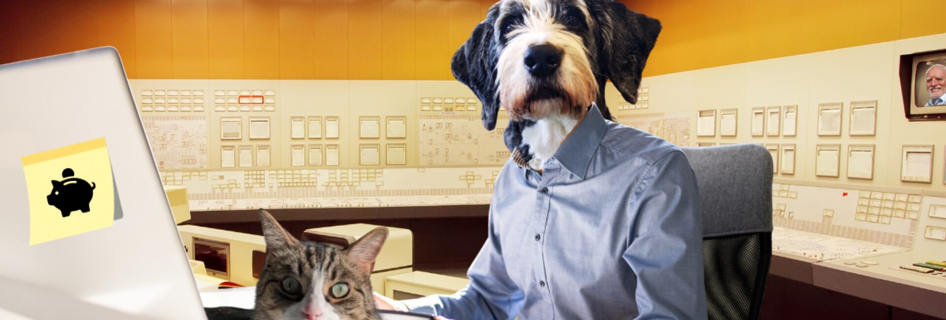 Montage photo humoristique montrant un personnage à corps humain vêtue d'une chemise bleue assis à un bureau, mais avec une tête de chien de race Schnauzer ou berger. Un chat tigré et blanc est couché sur le bureau devant l'ordinateur, regardant directement l'objectif. Sur le dos de l'écran d'ordinateur à gauche est collé un papillon adhésif jaune (Post-it) illustré d'une tirelire en forme de cochon. En arrière-plan se trouve une salle de contrôle rétro aux murs recouverts de panneaux de commande vintage, avec un petit écran à droite affichant le visage souriant du meme Internet « Hide the Pain Harold ». Ce montage illustre l'offre d'emploi de Sporobole et 0/1 - Hub numérique pour le poste de responsable de la gestion financière