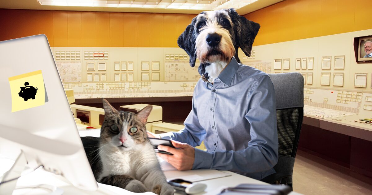 Montage photo humoristique montrant un personnage à corps humain vêtue d'une chemise bleue assis à un bureau, mais avec une tête de chien de race Schnauzer ou berger. Un chat tigré et blanc est couché sur le bureau devant l'ordinateur, regardant directement l'objectif. Sur le dos de l'écran d'ordinateur à gauche est collé un papillon adhésif jaune (Post-it) illustré d'une tirelire en forme de cochon. En arrière-plan se trouve une salle de contrôle rétro aux murs recouverts de panneaux de commande vintage, avec un petit écran à droite affichant le visage souriant du meme Internet « Hide the Pain Harold ». Ce montage illustre l'offre d'emploi de Sporobole et 0/1 - Hub numérique pour le poste de responsable de la gestion financière
